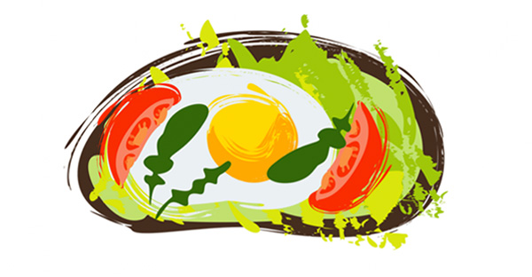 Drawing of an eggs, avocado, tomatoes on a slice of sourdough