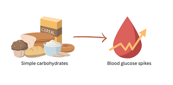 Drawing of simple carbohydrates products arrowing to blood glucose spikes