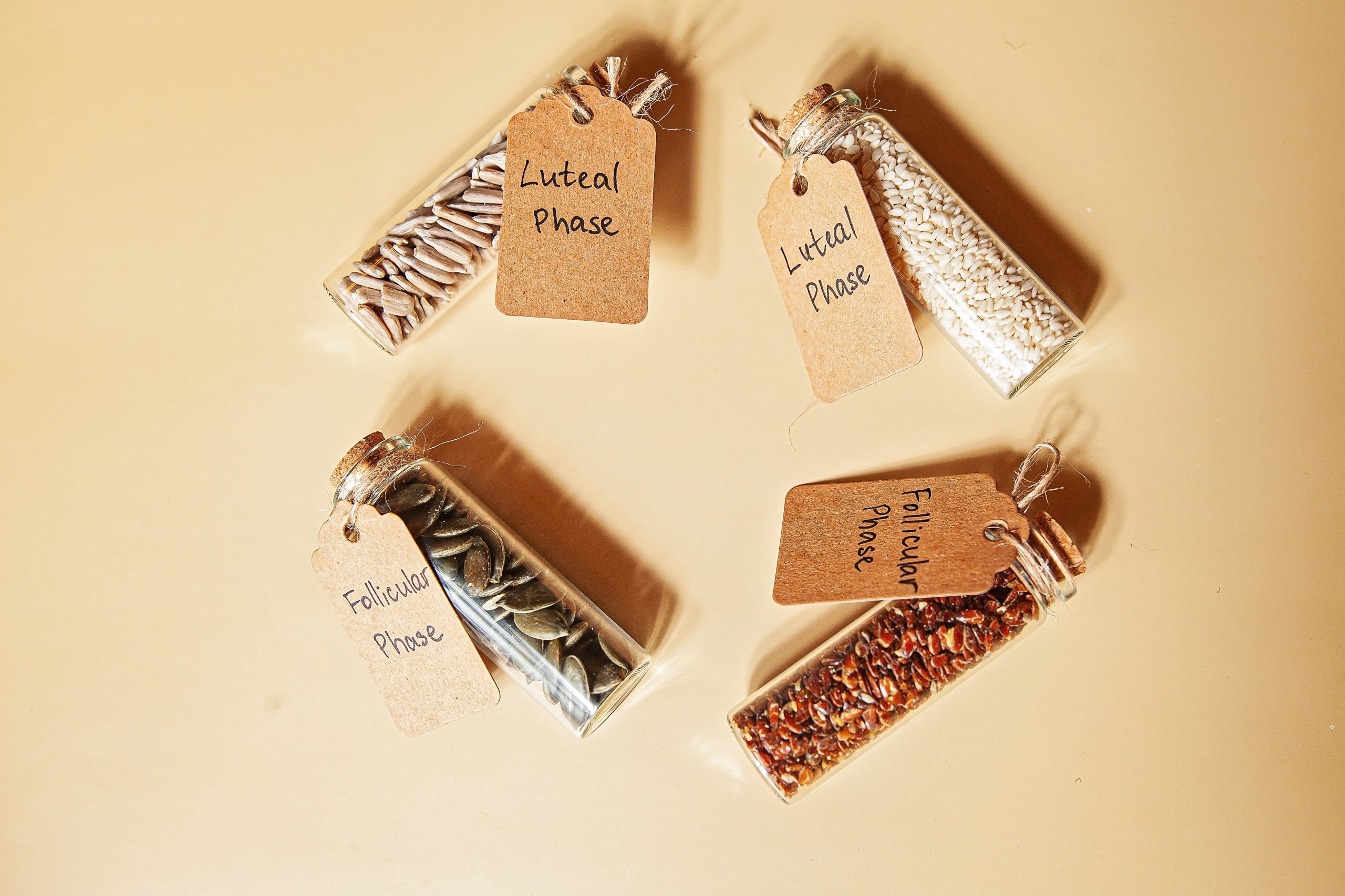 pumpkin, sesame, sunflower and flax seeds in glass tubes