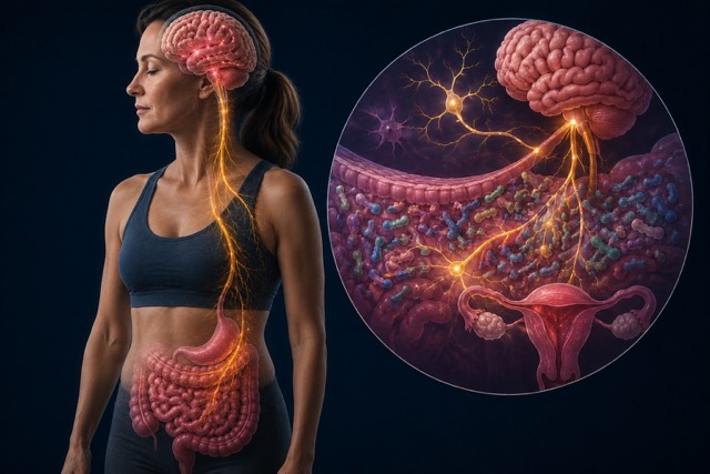 Illustration of the gut brain axis in menopause showing the vagus nerve connection between gut microbiome and brain in midlife women