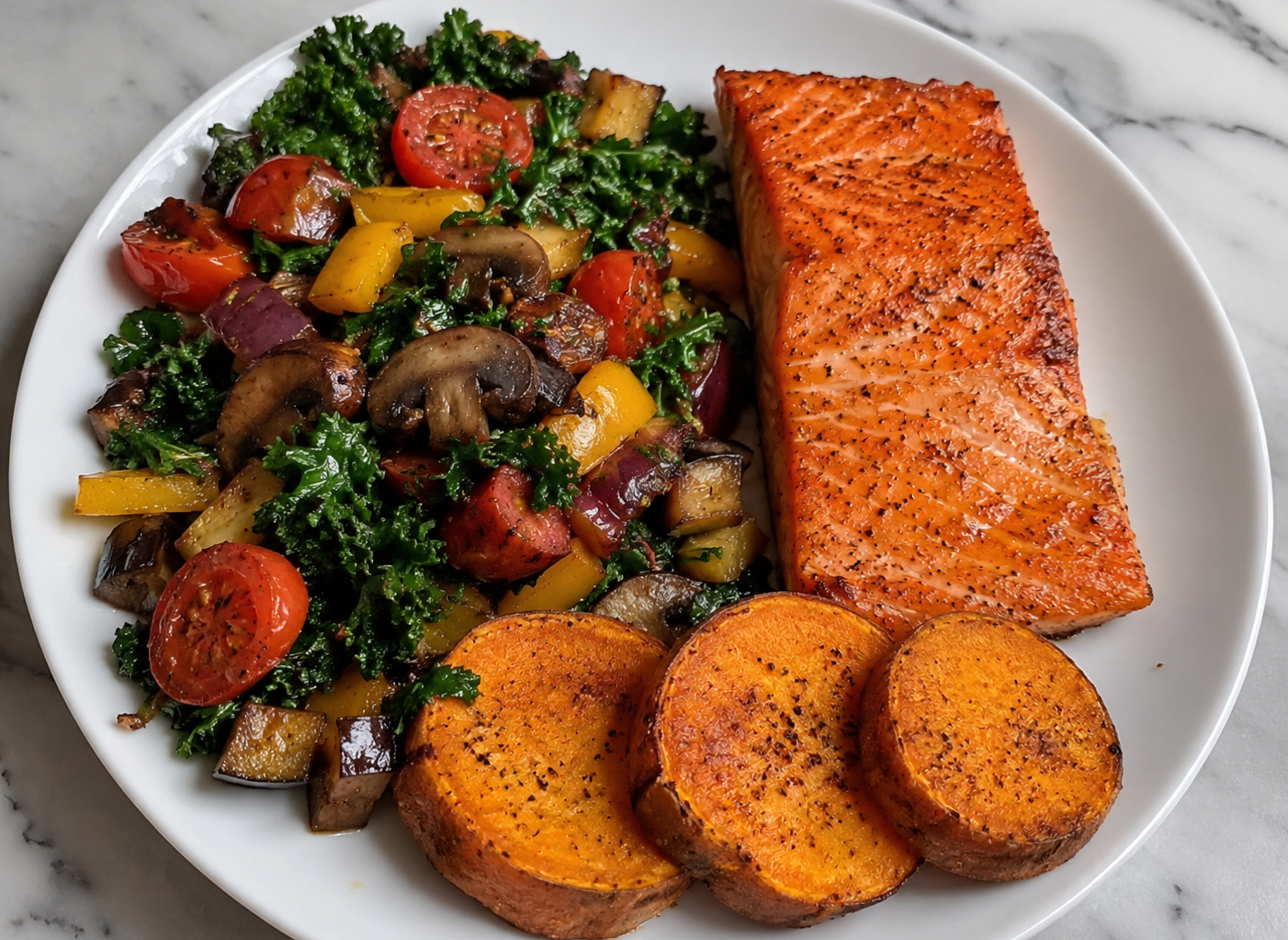 Salmon with roasted vegetables and sweet potato illustrating balanced nutrition for perimenopause and metabolic health in women over 40